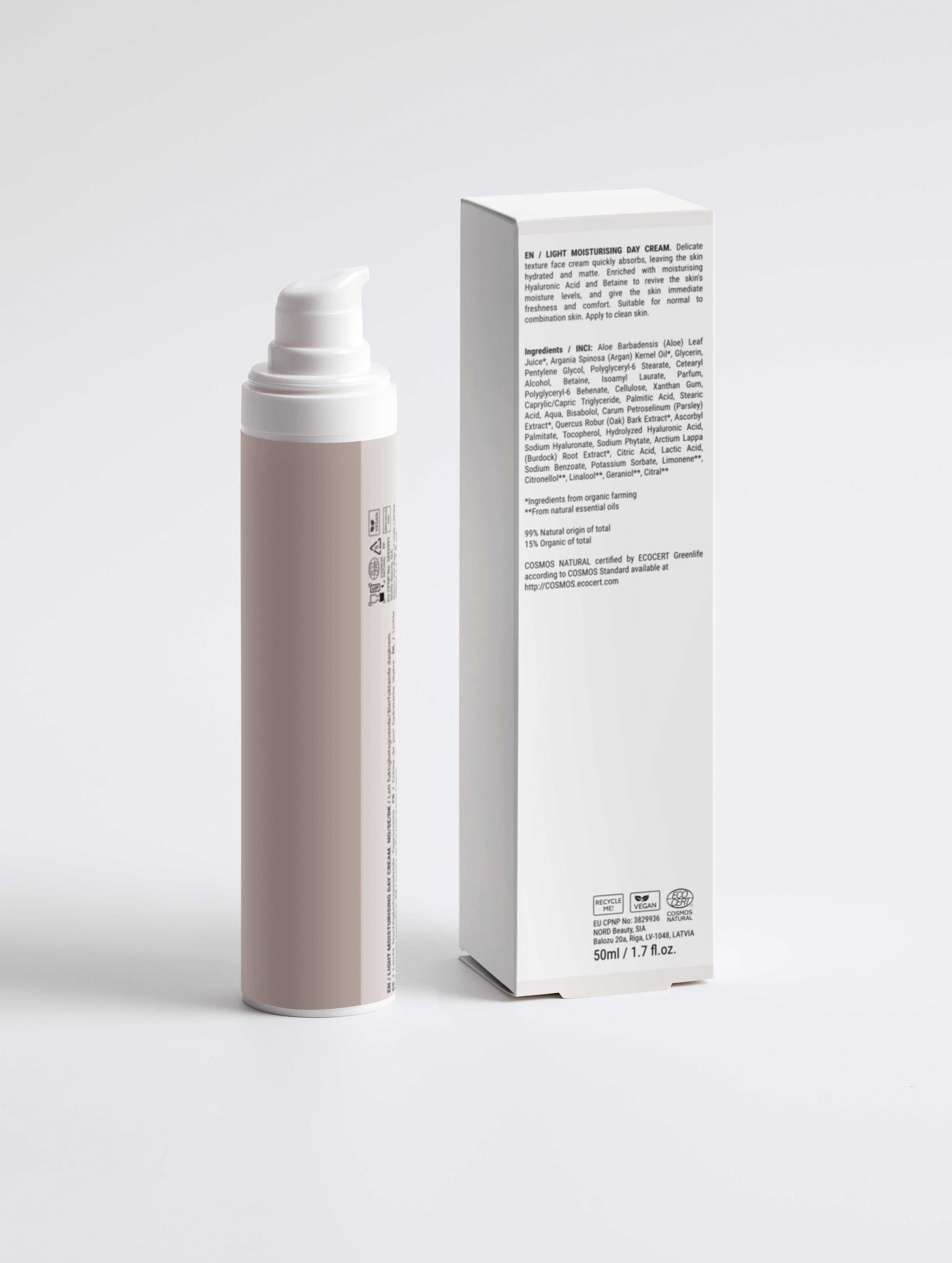 Light Moisturising Day Cream jar with natural ingredients for hydration and matte finish