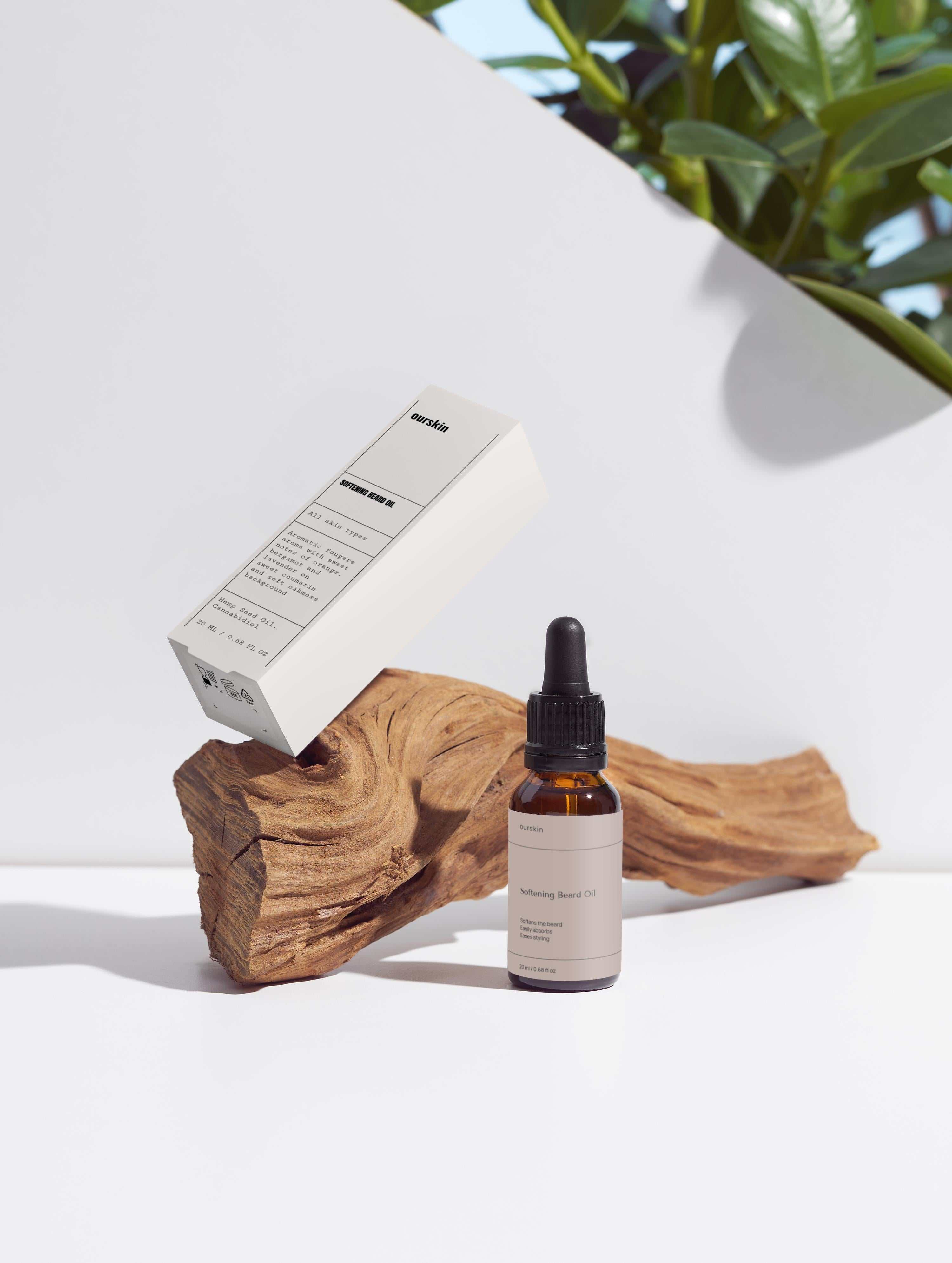 Bottle of Softening Beard Oil enriched with CBD and hemp seed oil for conditioning and styling beard