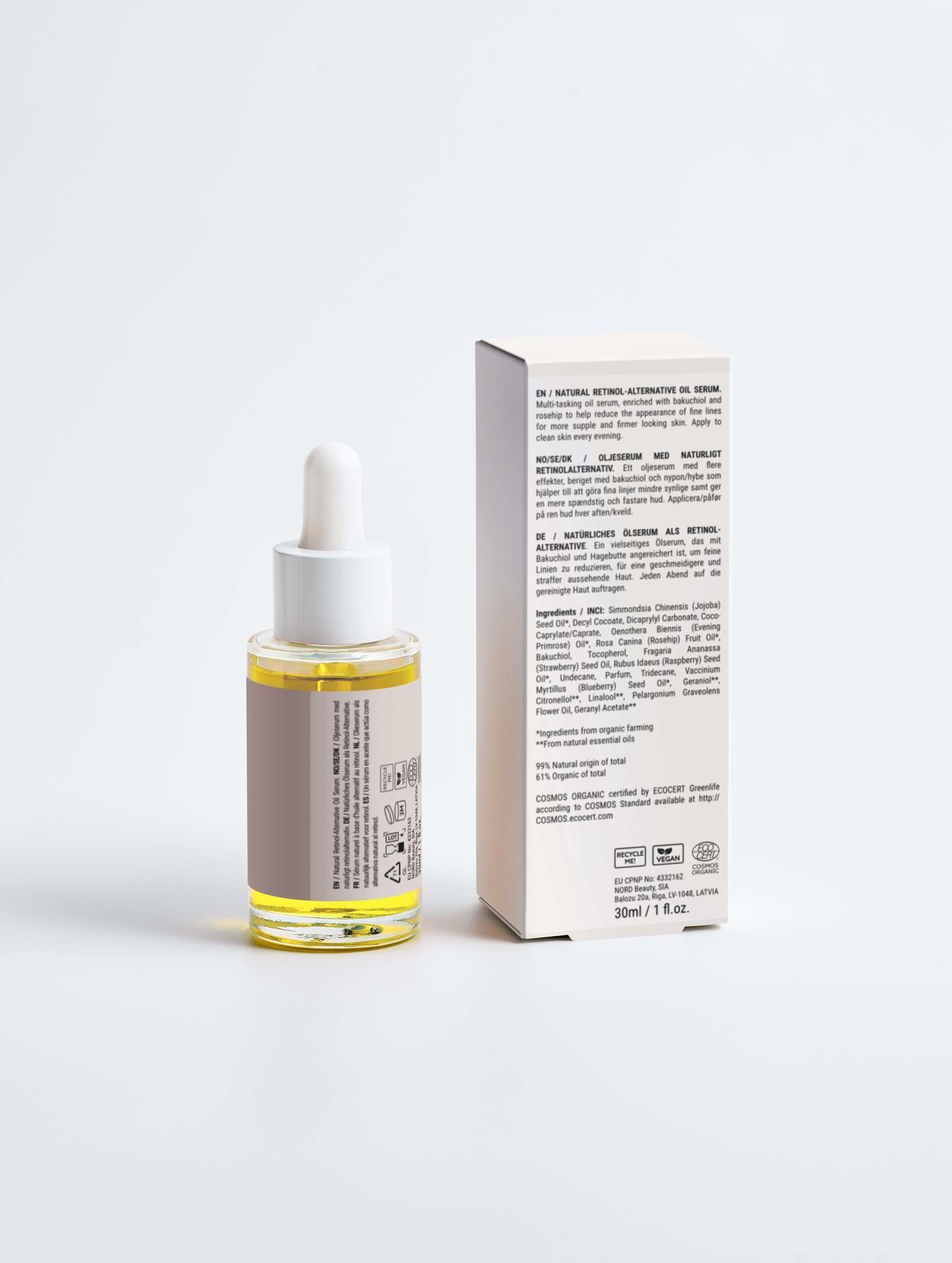 Natural retinol alternative oil serum bottle with botanical ingredients for anti-aging and skin renewal