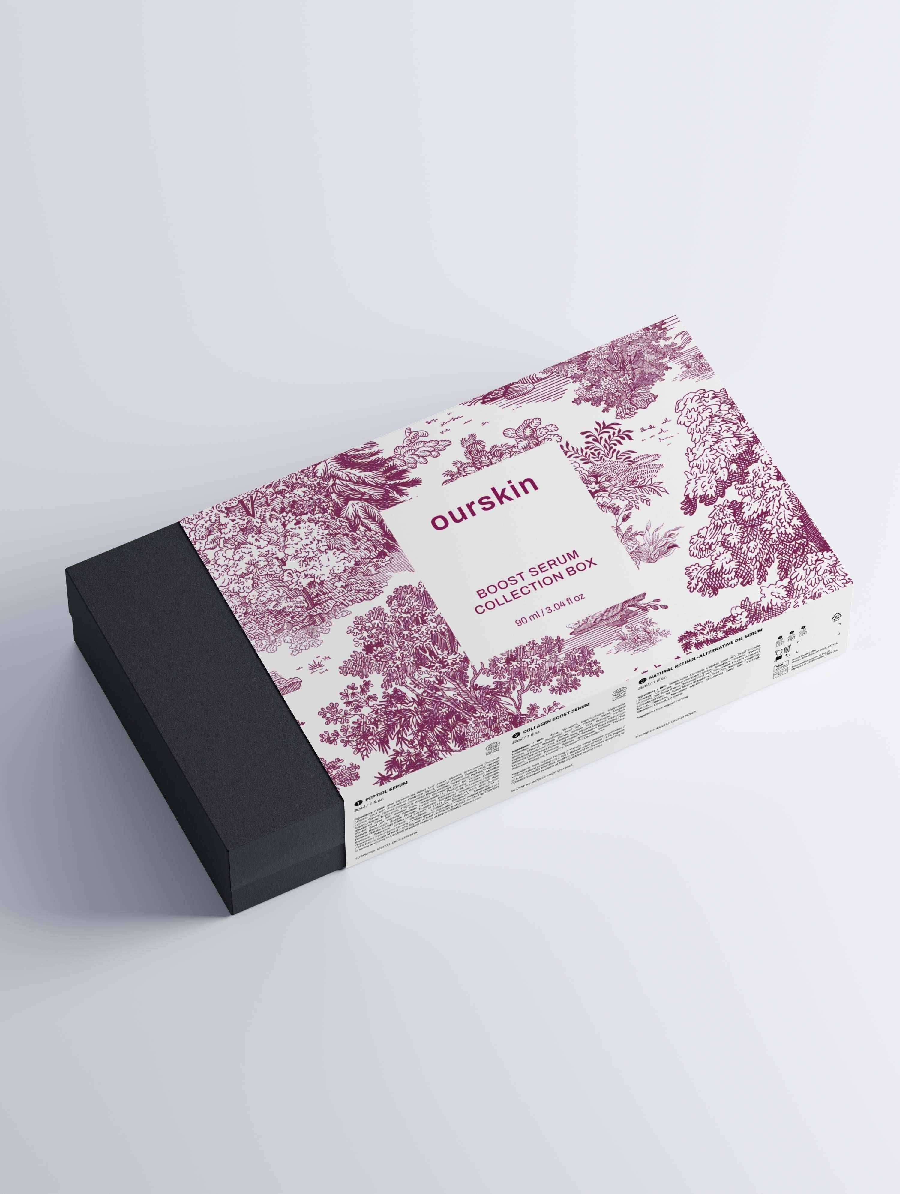 Boost Serum Collection Box with anti-ageing serums in premium black packaging for skin elasticity and hydration