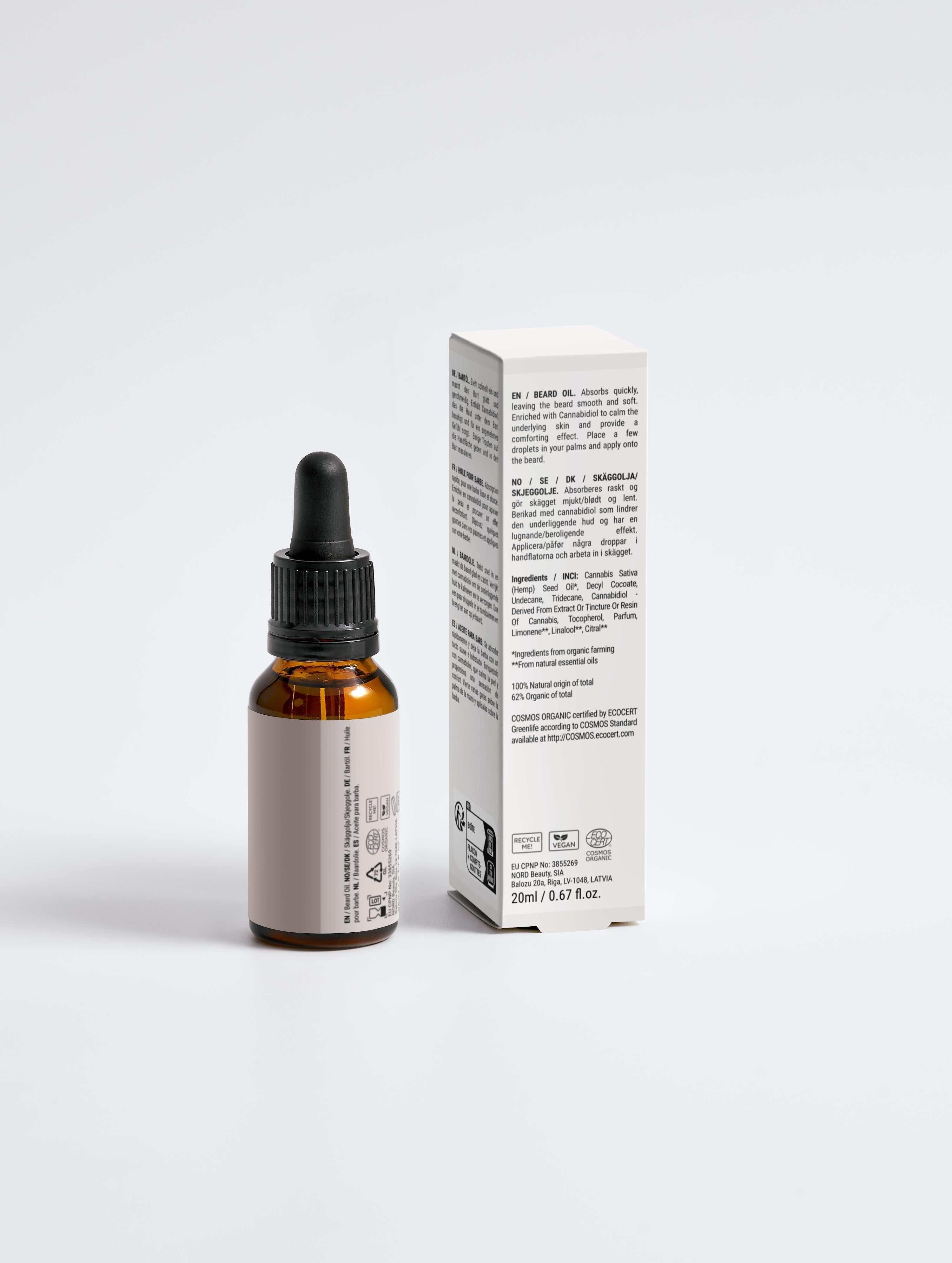 Softening beard oil bottle with natural ingredients for conditioning and smoothing beard hair