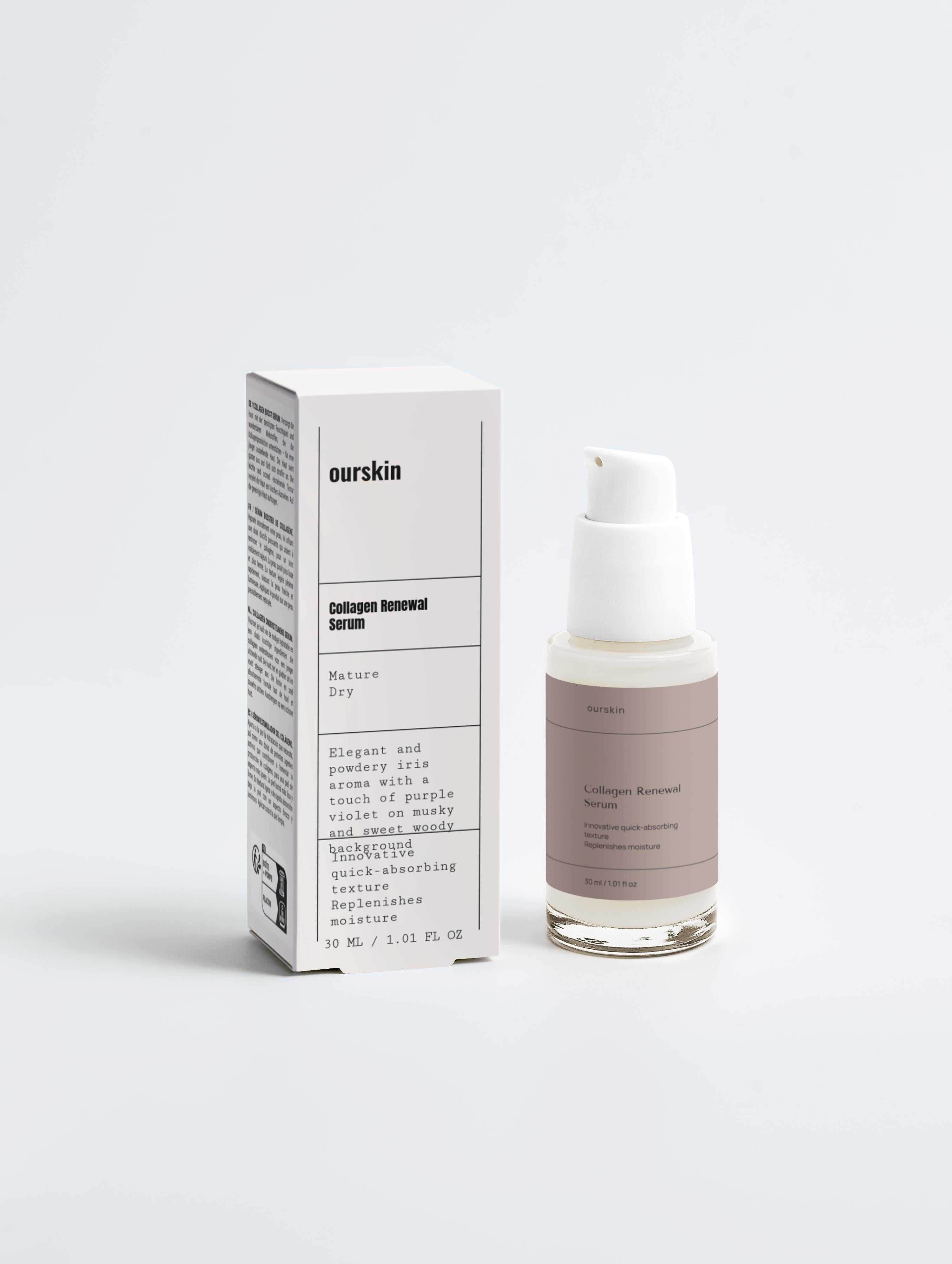 Collagen Renewal Serum bottle highlighting deep hydration and skin firming benefits with hyaluronic acid and sodium PCA.