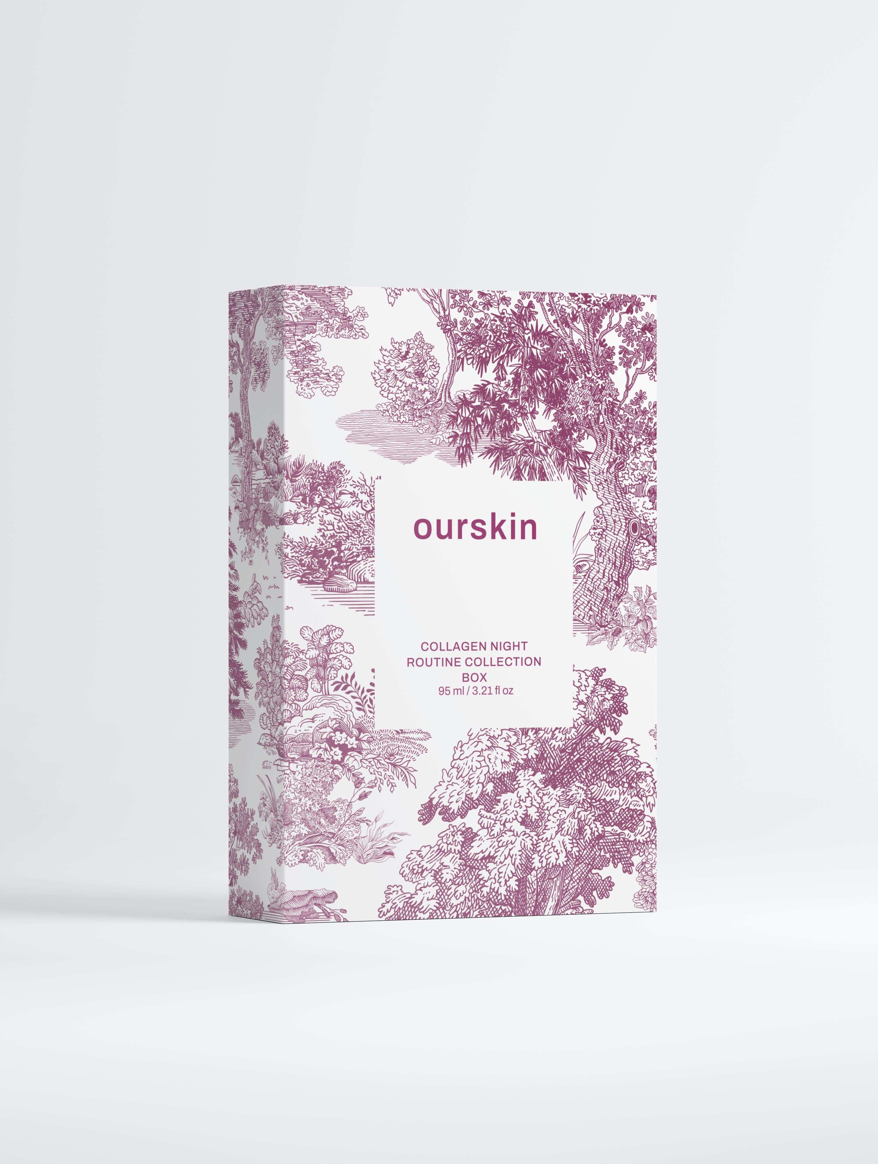 Collagen Night Routine Collection Box with anti-age night cream, boost serum, and smoothing eye cream in a premium black box