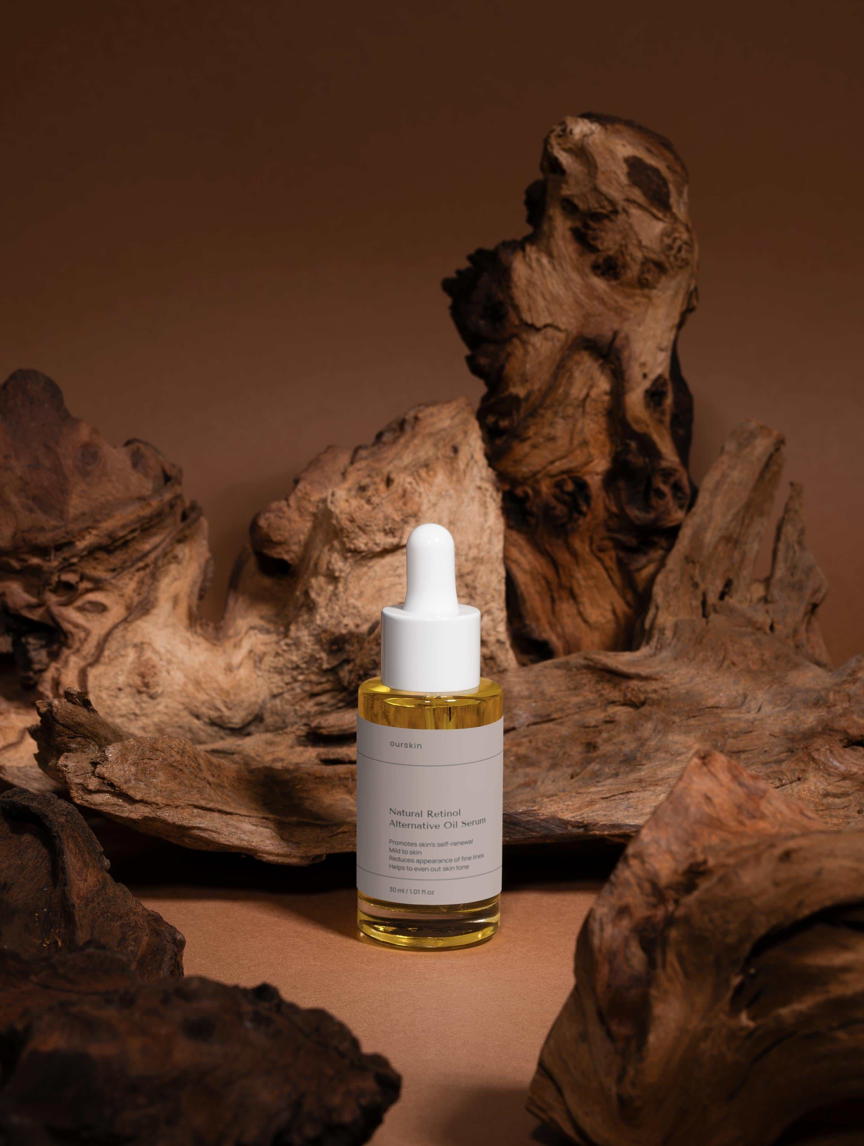 Bottle of natural retinol alternative oil serum with botanical ingredients for anti-aging skin care