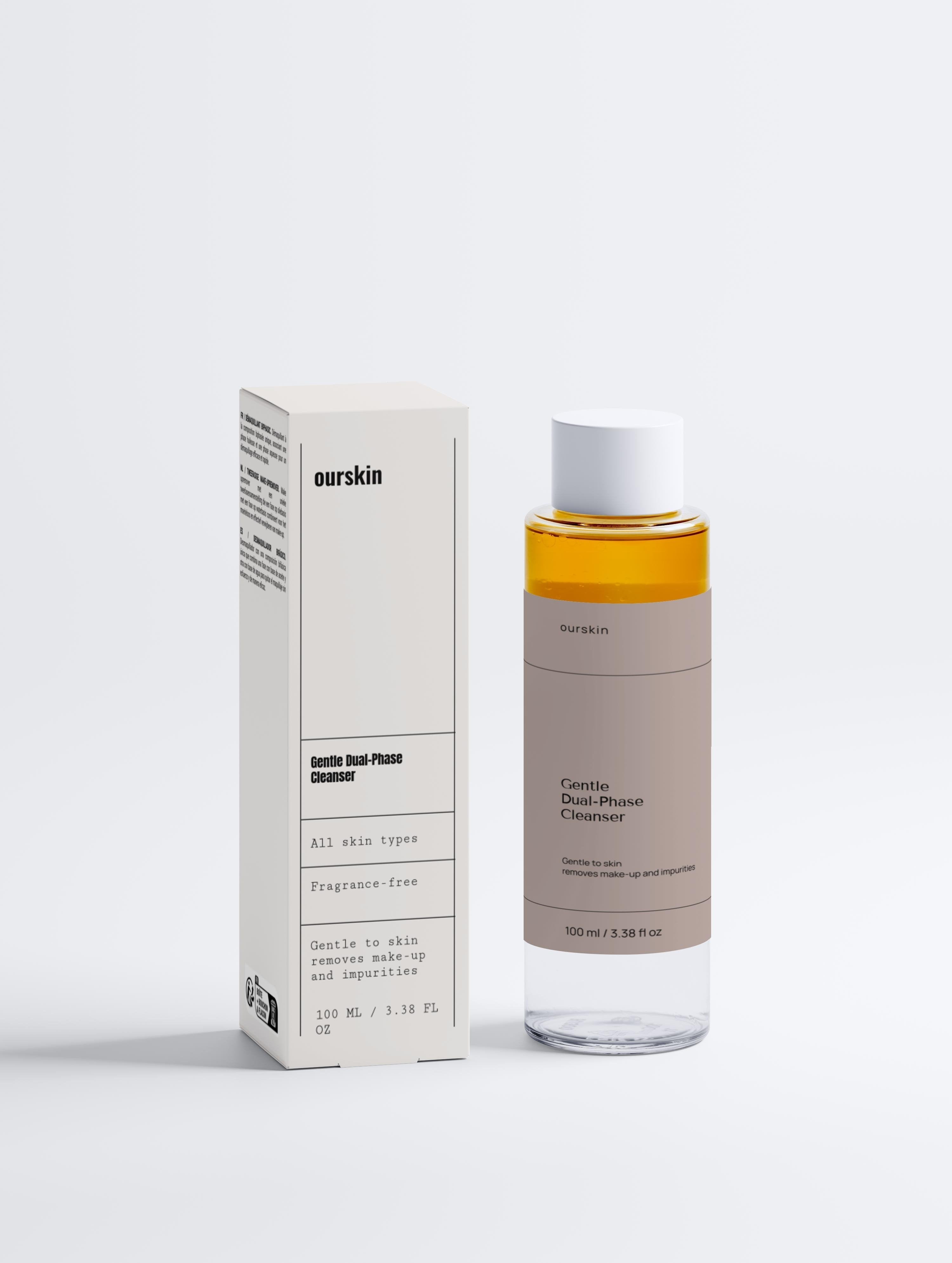 Gentle dual-phase cleanser bottle with oil and water layers for makeup removal and skin hydration