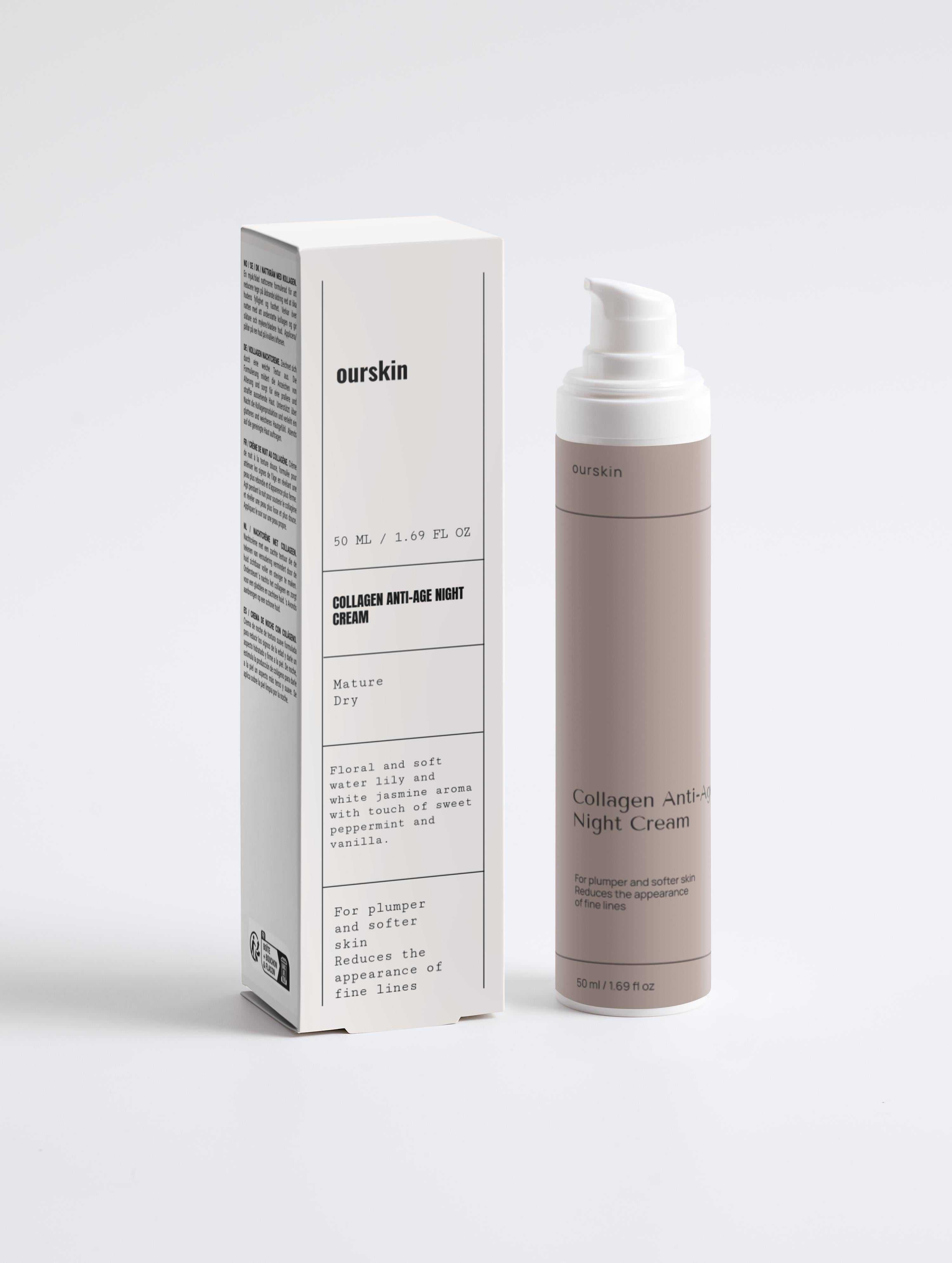 Collagen Night Routine Collection Box with anti-ageing night cream, boost serum, and eye cream in a premium black box for overnight skin rejuvenation