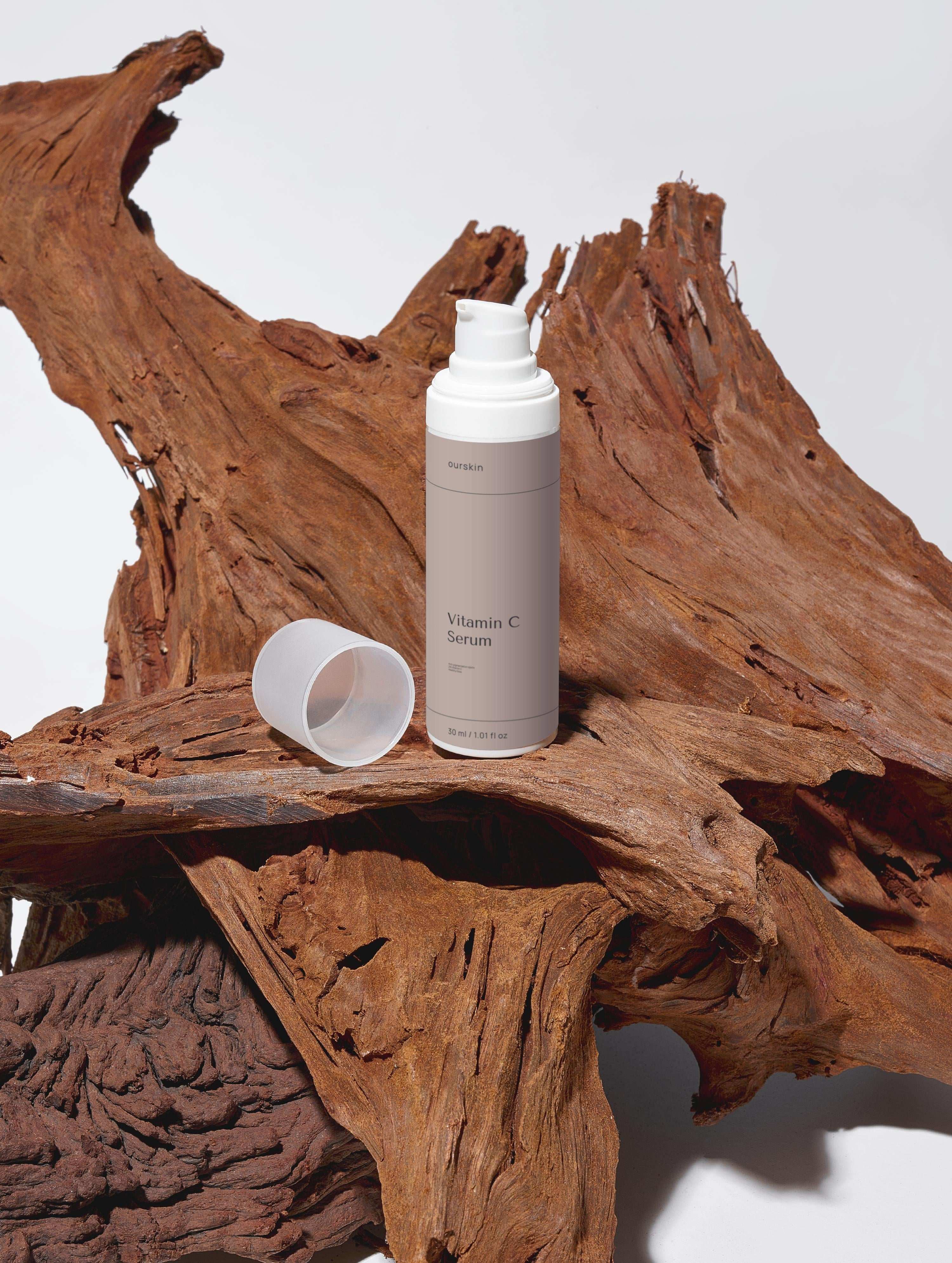 Bottle of Vitamin C Serum with natural ingredients for brightening and hydrating skin